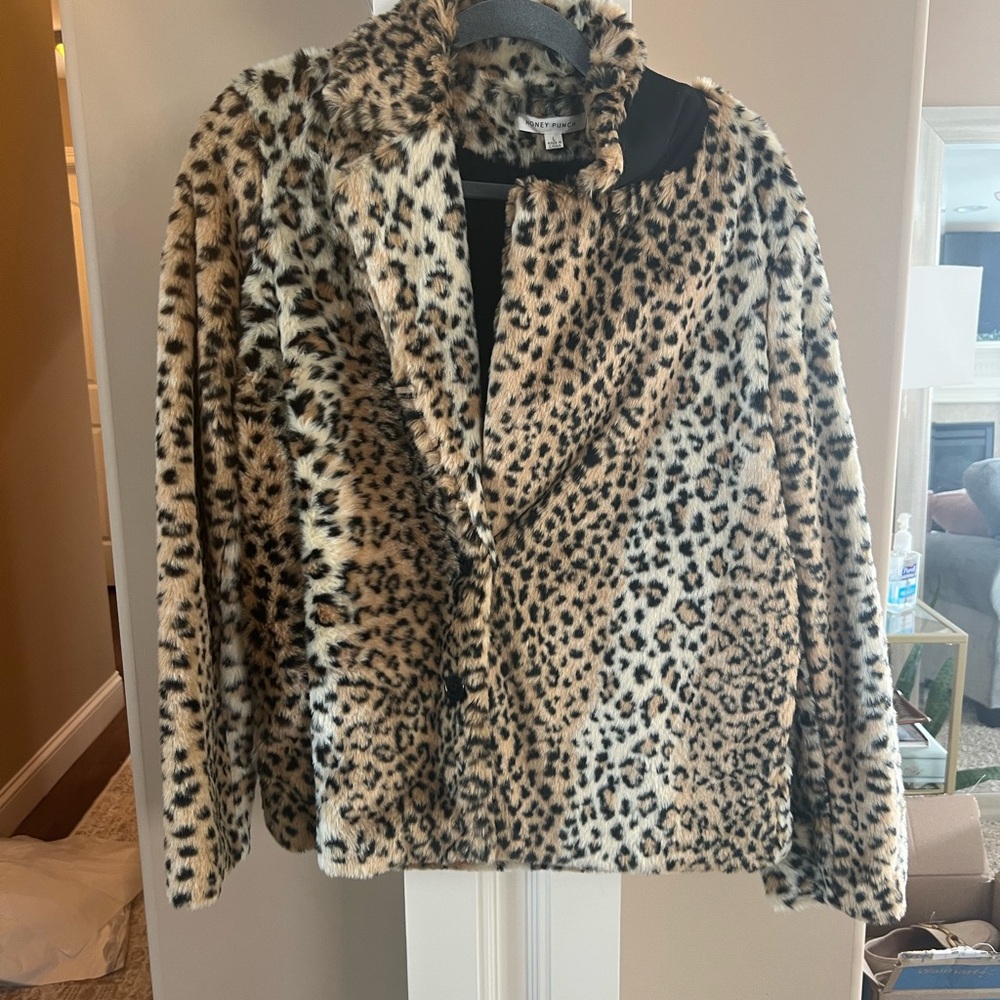 Honey Punch Leopard Print Faux Fur Jacket in Tan and Black